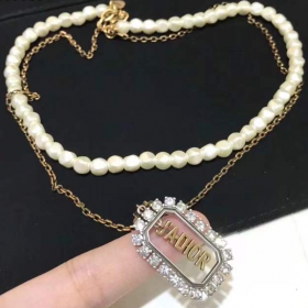 2020 Dior JAdior Double Chain Necklace Antique Gold and White Crystals White Glass Pearls N1209ADRCY